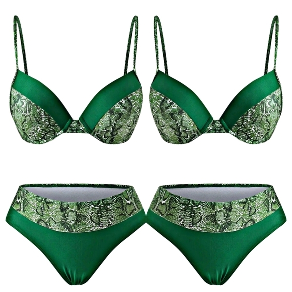 Snake Print ✦ Green Colorblock Bikini Set ✦ Push-Up Top + Full Coverage Bottoms - Picture 8 of 13